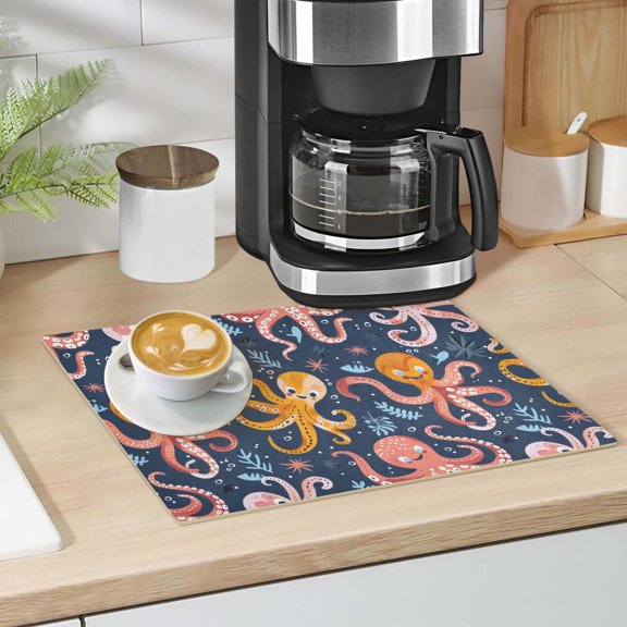 Cartoon Funny Octopus Dish Drying Mat 12"x18" Kitchen Counter Dish Pad Microfiber Absorbent Drainer Rack for Coffee Bar