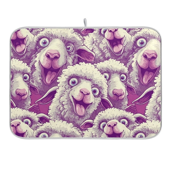 Cartoon Funny Sheep Dish Drying Mat 16x18 Absorbent Microfiber Draining Rack Pad for Kitchen Counter Sink