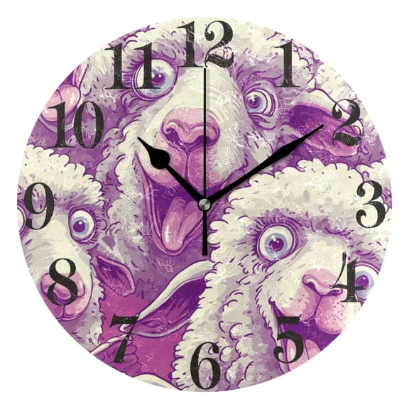 Cartoon Funny Sheep Round Wall Clock Battery Operated Silent Non-Ticking Bedroom Office Kitchen Home School Decor 10"(Black)