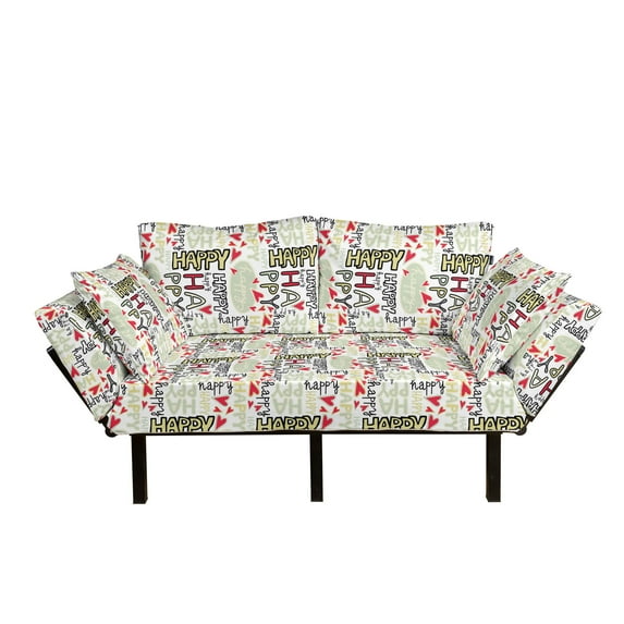 Cartoon Futon Couch, Hand Lettering Style Happy Words with Heart Shapes Positive Emotions Illustration, Daybed with Metal Frame Upholstered Sofa for Living Dorm, Loveseat, Multicolor, by Ambesonne