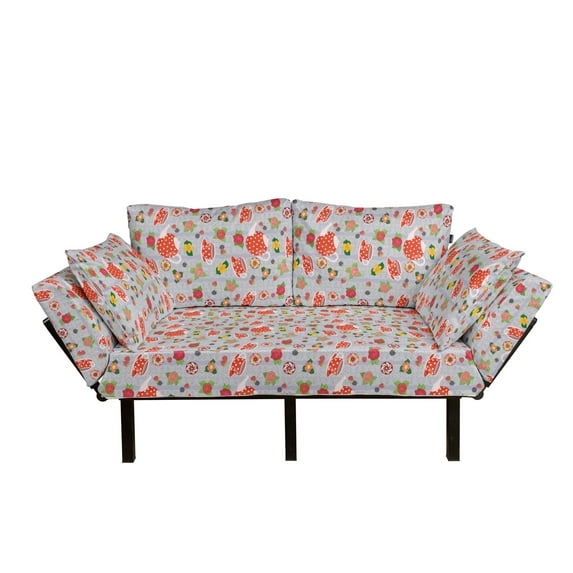 Cartoon Futon Couch, Cartoon Like Tea Pots with Retro Polka Dots in Orange Colored Flowers Art Print, Daybed with Metal Frame Upholstered Sofa for Living Dorm, Loveseat, Multicolor, by Ambesonne