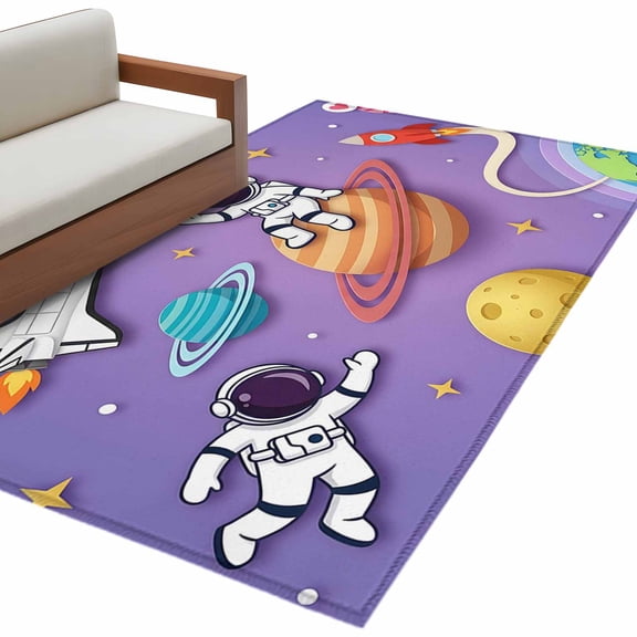 Cartoon Galaxy Area Rug 4x6 Washable Rug Non Slip Universe Outer Space Stars Purple Large Area Rug Indoor Floor Carpet for Entryway Bedroom Kitchen Living Room Home Office Dining Room Nursery
