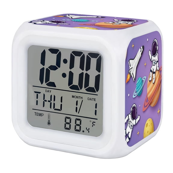 Cartoon Galaxy Digital Alarm Clock for Bedrooms, Smart LED Alarm Clock with 7 Color Changing Night Light, Universe Outer Space Stars Purple Silent Wake Up Clocks for Sleep Study Cooking 3.2"x3.2"