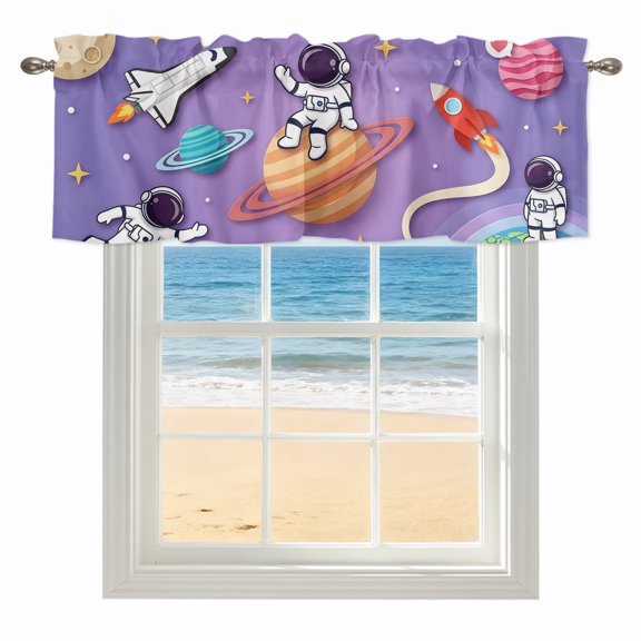 Cartoon Galaxy Kitchen Valances for Windows 54x18 Inch Kitchen Curtains Valances Rod Pocket Universe Outer Space Stars Purple Bathroom Window Valances for Window Treatment Decor