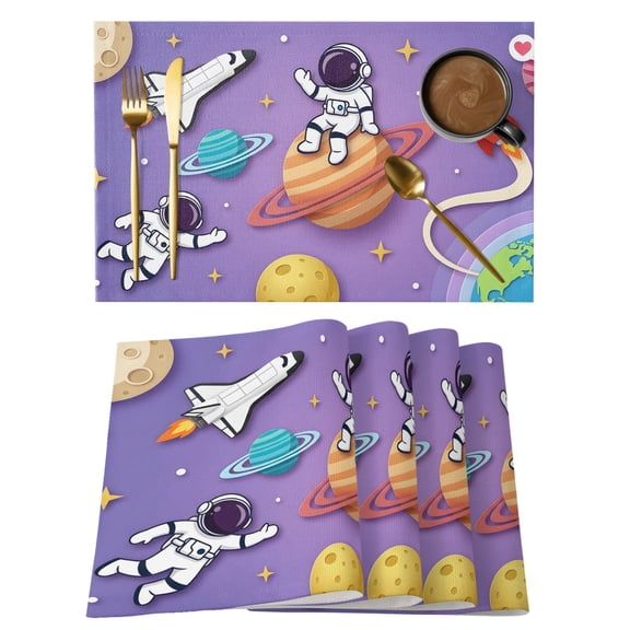 Cartoon Galaxy Placemats Set of 2 Universe Outer Space Stars Purple Place Mats Indoor Wipeable Table Mats Washable Cloth Dining Table Placemats for Kitchen Holiday Party Home Decor 13x19 Inch
