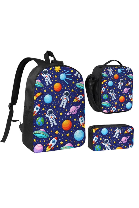 Cartoon Galaxy Space Astronaut Backpack Set 3pc Including Backpack, Lunch Bag and Pen Bag Combination