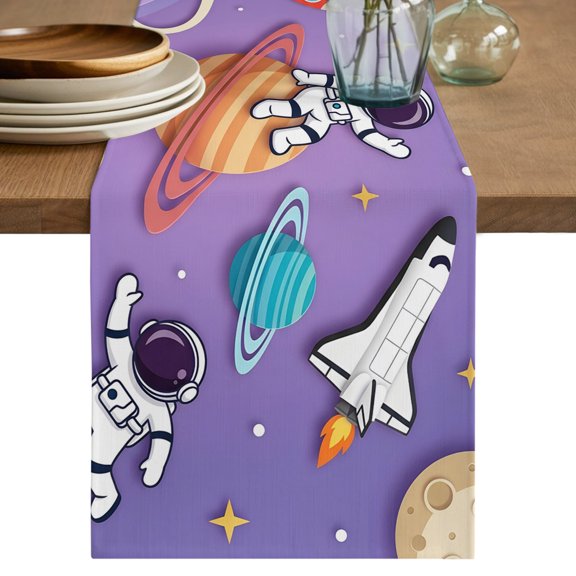 Cartoon Galaxy Table Runner 120 Inches Long,Universe Outer Space Stars Purple Cotton Linen Table Runners Dresser Scarves,Fabric Tabletop Scarf Furniture Cover for Home Dinner Party 13"x120"