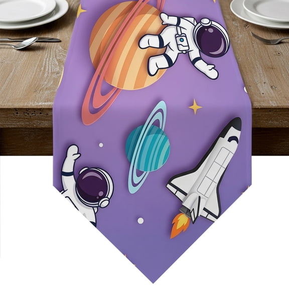 Cartoon Galaxy Table Runner Linen Burlap Table Runner 36 Inches Small Universe Outer Space Stars Purple Dresser Scarves for Kitchen Island Coffee Dining Room Party Wedding Holiday Decor 13"x36"
