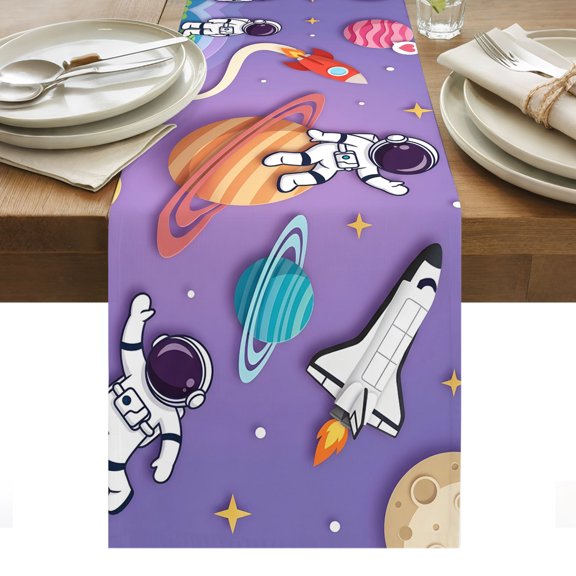Cartoon Galaxy Table Runner Universe Outer Space Stars Purple Tablerunners 13 x 120 Inch, Table Decorations Tabletop Scarf for Summer Gathering Holiday Farmhouse Kitchen Dining Decor