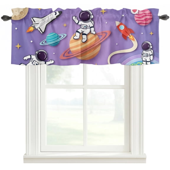 Cartoon Galaxy Valances for Windows Farmhouse Kitchen Curtains Valances Rod Pocket Valance Curtains for Kitchen Windows Universe Outer Space Stars Purple Window Valances for Bathroom Bedroom 60"x18"