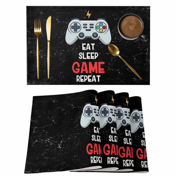 Cartoon Games Placemats Set of 4 Black Modern Funny Abstract Art Place Mats Indoor Wipeable Table Mats Washable Cloth Dining Table Placemats for Kitchen Holiday Party Home Decor 13x19 Inch