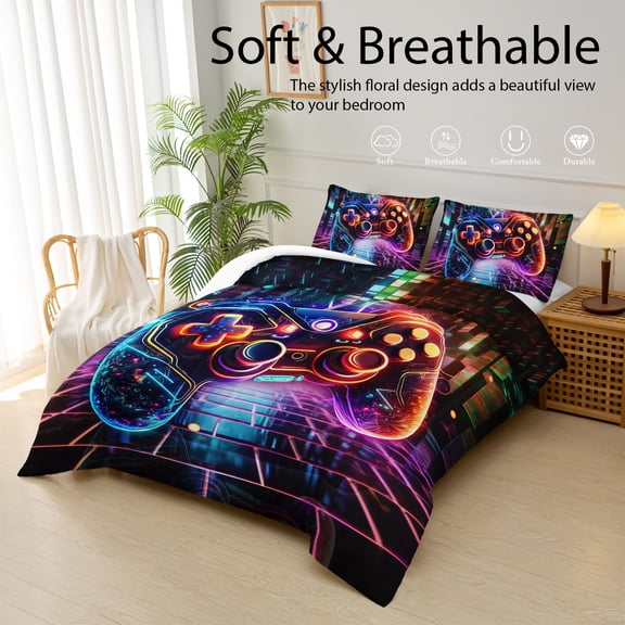 Cartoon Gaming Controller Comforter Set Full Size,Cool Gaming-Themed Bedding (1 Comforter + 2 pillowcases), All-Season Duvet, Soft, Comfortable, and Breathable Printed Bedding