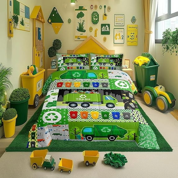 Cartoon Garbage Truck Bedding Comforter Sets Queen,Colorful Trash Can Cute Green Cars Trees Bedding Set for Bedroom,Watercolor Abstract Stripes Geometric Art Decor