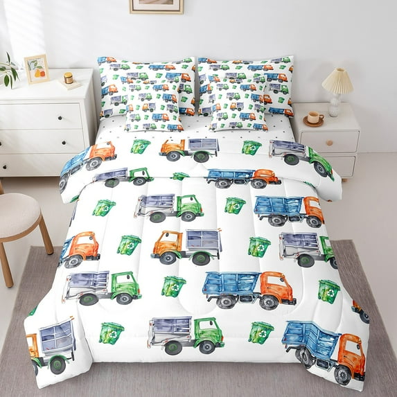 Cartoon Garbage Truck Bedding Green Trash Truck Comforter Set King 7Pcs Green Vehicle Car Bed Set(1 Comforter,1 Flat Sheet,1 Fitted Sheet,2 Pillowcases,2 Throw Pillow Covers)