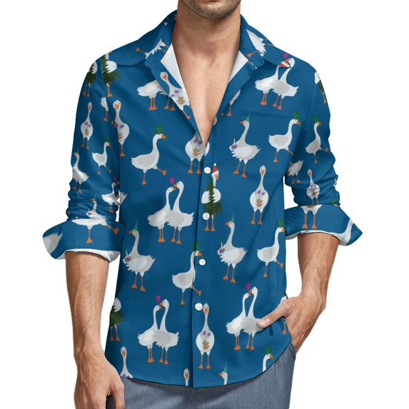 Cartoon Geese With Xmas Mens Long Sleeve Button Down Shirts, Casual Men's Button Up Shirt with Pocket