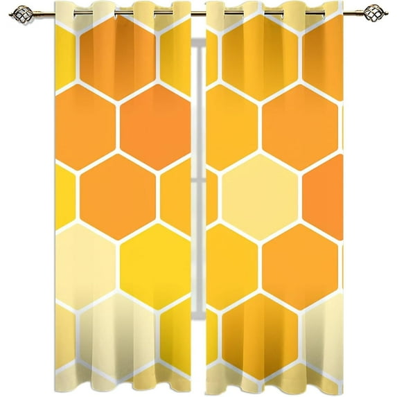Cartoon Geometry Soft Window Curtain, Honeycomb Hexagon 3D Valance Pattern Window Drapes For Kids Living Room Bedroom Study 52"W x 84"L (Pack of 2)