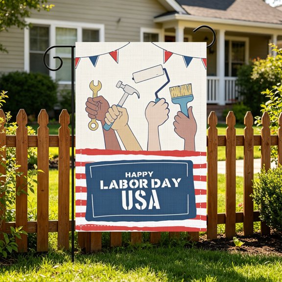 Cartoon Gesture USA Text Patriotic Hand Labor Day Garden Flag,12x18 Inch,Double Sided Printed,Outdoor Yard Decor,No Flagpole