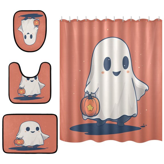Cartoon Ghost Bathroom Accessory Curtain Sets Bath Curtain Anti-Slip Mats and Toilet Pad 66x72in