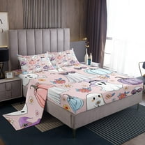 Cartoon Ghost Bed Sheets Set for Kids Boys Girls,Groovy Flower Sheet Set Twin,Happy Halloween Sheets,Colorful Pumpkin Flat Fitted Sheet with 1 Pillowcase for Bedroom