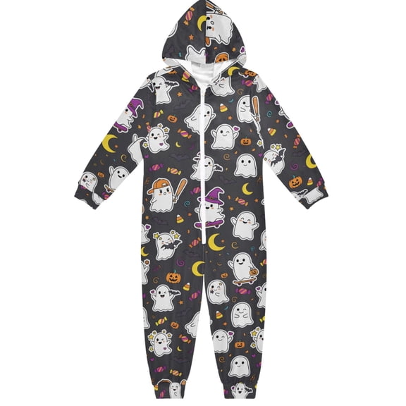 Cartoon Ghost Boys & Girls Hooded One-Piece Pajamas Warm Crystal velvet Hooded Long Sleeve Loungewear Jumpsuit Unisex