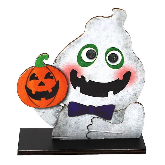 Cartoon Ghost Holding Pumpkin Wooden Sign With Base Halloween Table Decoration Centerpieces Tier Tray Party Dinner Coffee Desktop Topper Ornament