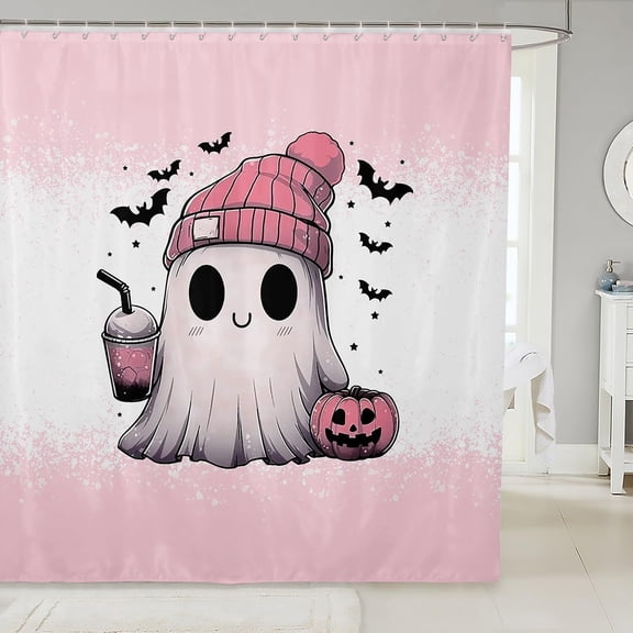 Cartoon Ghost Shower Curtain Set Bats Halloween Decoration Bath Curtain 72" Wx72 L, Gothic Pumpkin Lantern Cute Light Pink Room Decor Aesthetic Bathroom Accessories