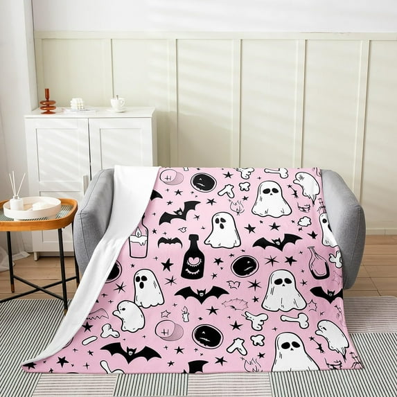 Cartoon Ghost Throw Blanket Wild Bat Black White Stars Graffiti Flannel Blanket for Kids Girls Teens Happy Halloween Cute Animals Bed Blanket for Living Room Couch Twin 60x80
