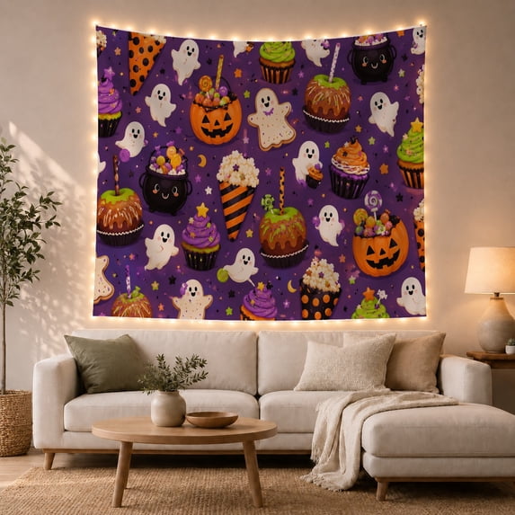 Cartoon Ghosts with Candy on Purple Field, Playful Retro Style for Halloween Decor Lovers, Spooky Wall Art, Halloween Gift, Tapestry Wall Hanging for Bedroom and Dorm