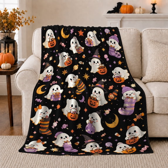 Cartoon Ghosts with Jack O Lantern Buckets, Whimsical Halloween Style for Ghost Lovers, Cozy Witch Hat Scene, Flannel Blanket for Bedroom and Family Room, Halloween Gift and Spooky Home Decor