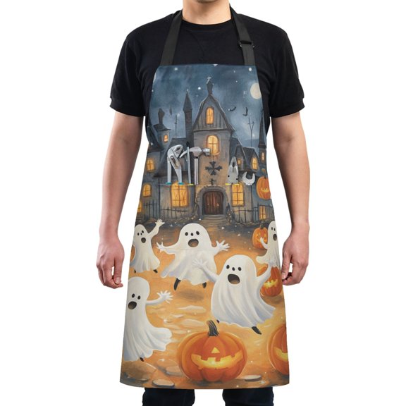 Cartoon Ghosts and Pumpkin Lights Chef Kitchen Apron with Pockets for Women Waterproof Aprons for Cooking Baking