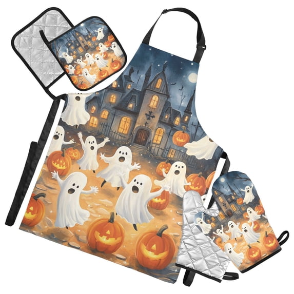 Cartoon Ghosts and Pumpkin Lights Oven Mitts and Pot Holders with Chef Apron Set 5 Pcs Kitchen Cooking Set