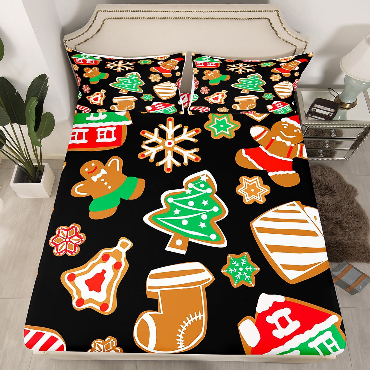 Cartoon Gingerbread Man Fitted Sheet ,Kawaii Snowflake Stockings Bed ...