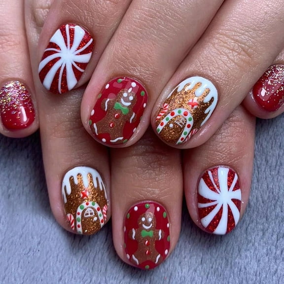Cartoon Gingerbreads Man False Nails Candy House Full Cover Stick on Nails Christmas Press On Nails for Woman Girls
