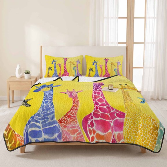 Cartoon Giraffe African Animal Pattern 3 Pieces Quilt Set,1 Quilt with 2 Shams,Yellow Back Bedspread Soft Lightweight Bedding Coverlet Comforter Set for All Season 96"x106"