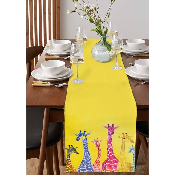 Cartoon Giraffe African Animal Table Runner 13x36in Non-Slip Cotton Linen Table Runners, Yellow Back Dresser Scarves TableRunner for Dinner Kitchen Dining Wedding Party
