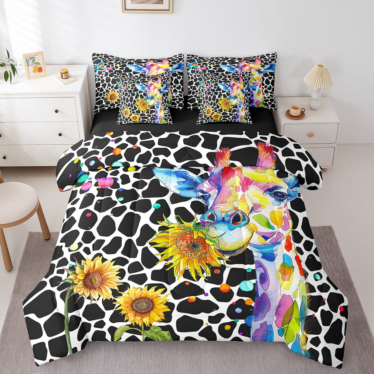 Cartoon Giraffe Bedding Full Size 7pcs Watercolor Animal Comforter Set ...