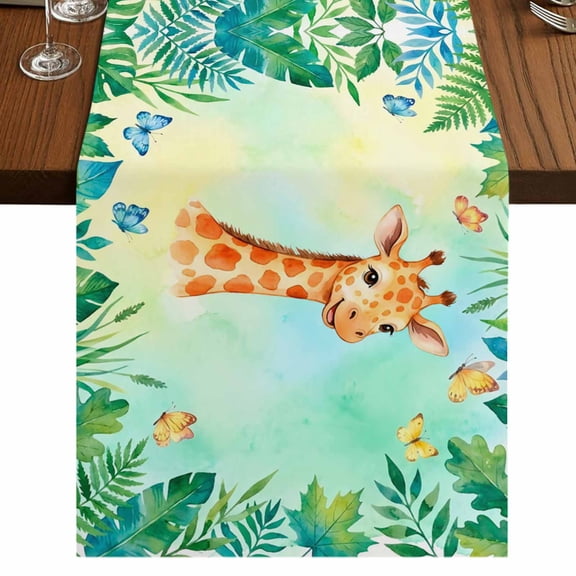 Cartoon Giraffe Burlap Cotton Table Runner 13x36 Inches Short, Summer Butterfly Fern Tropical Palm Plants Farmhouse Table Runners, Outdoor Dining Tablecloths Decor for Baby Shower/Party/Wedding