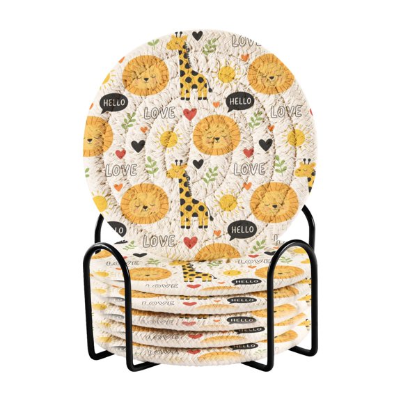Cartoon Giraffe Lion Bar Coasters 6 Pack Braided Coasters with Holder Absorbent Heat Resistant