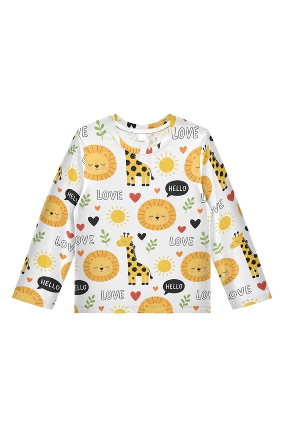 Cartoon Giraffe Lion Boys' Rash Guard Shirts UPF 50 Plus Sun Protection Short Sleeve Swim Tees 7-8T