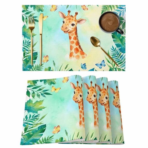 Cartoon Giraffe Placemats Set of 12 Summer Butterfly Fern Tropical Palm Plants Place Mats Indoor Wipeable Table Mats Washable Dining Table Placemats for Kitchen Holiday Party Home Decor 13x19 Inch