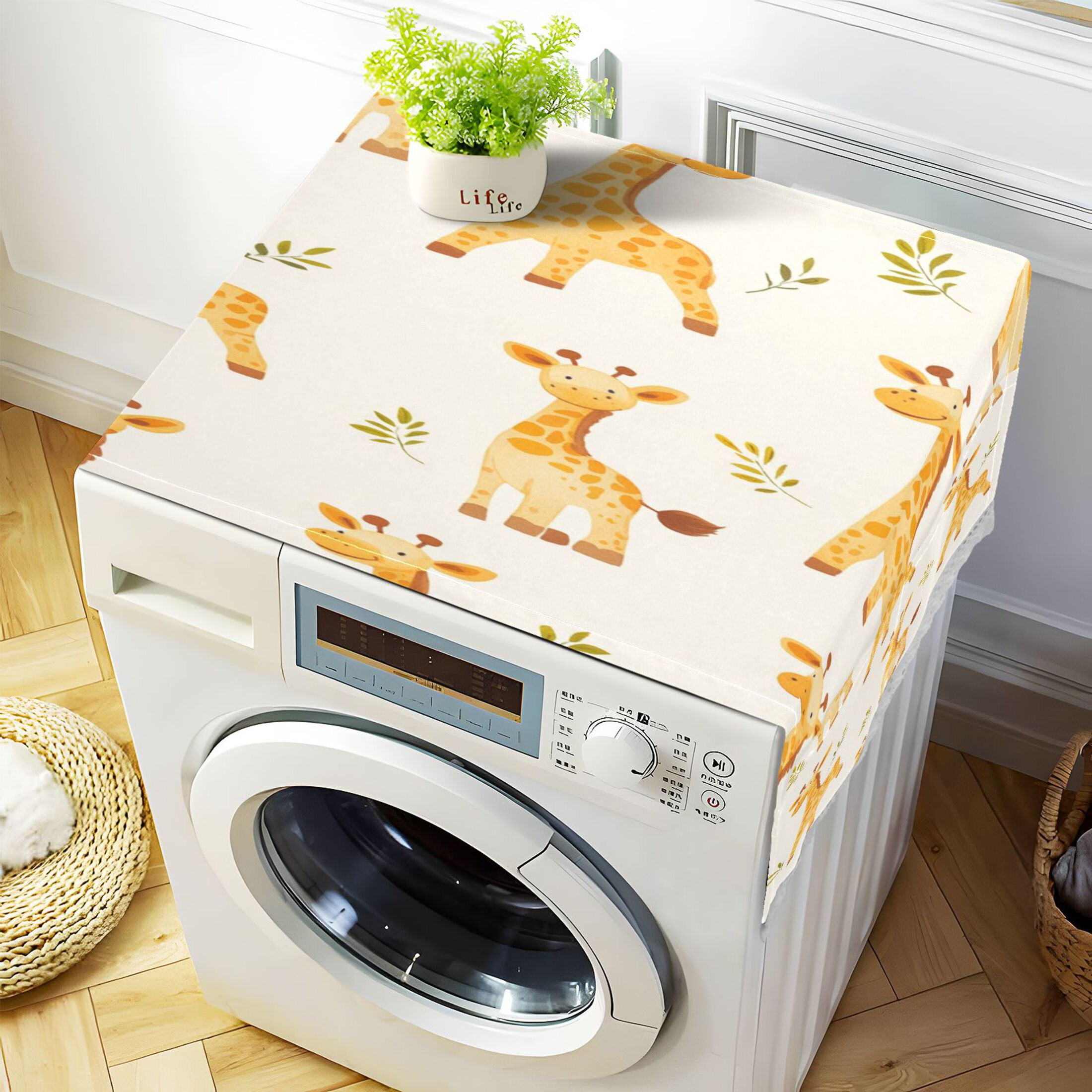 Cartoon GiraffeWasher and Dryer Covers Dust-Proof and Oil Resistant Fridge Cover with 4 Storage Pockets Washing Machine Top Cover for Laundry Kitchen Home 51.2 x 22 In