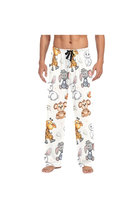 Cartoon Giraffes Elephants Rabbits Men's Pajama Pants Cotton Long Sleepwear Lounge Pants M
