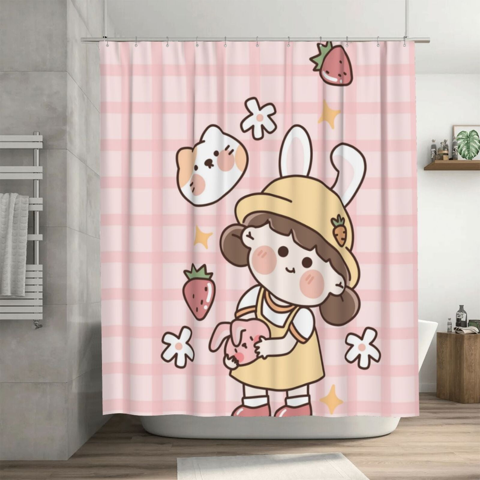 Cartoon Girl Cute Cat Pattern Shower Curtain, Pink Child Waterproof ...