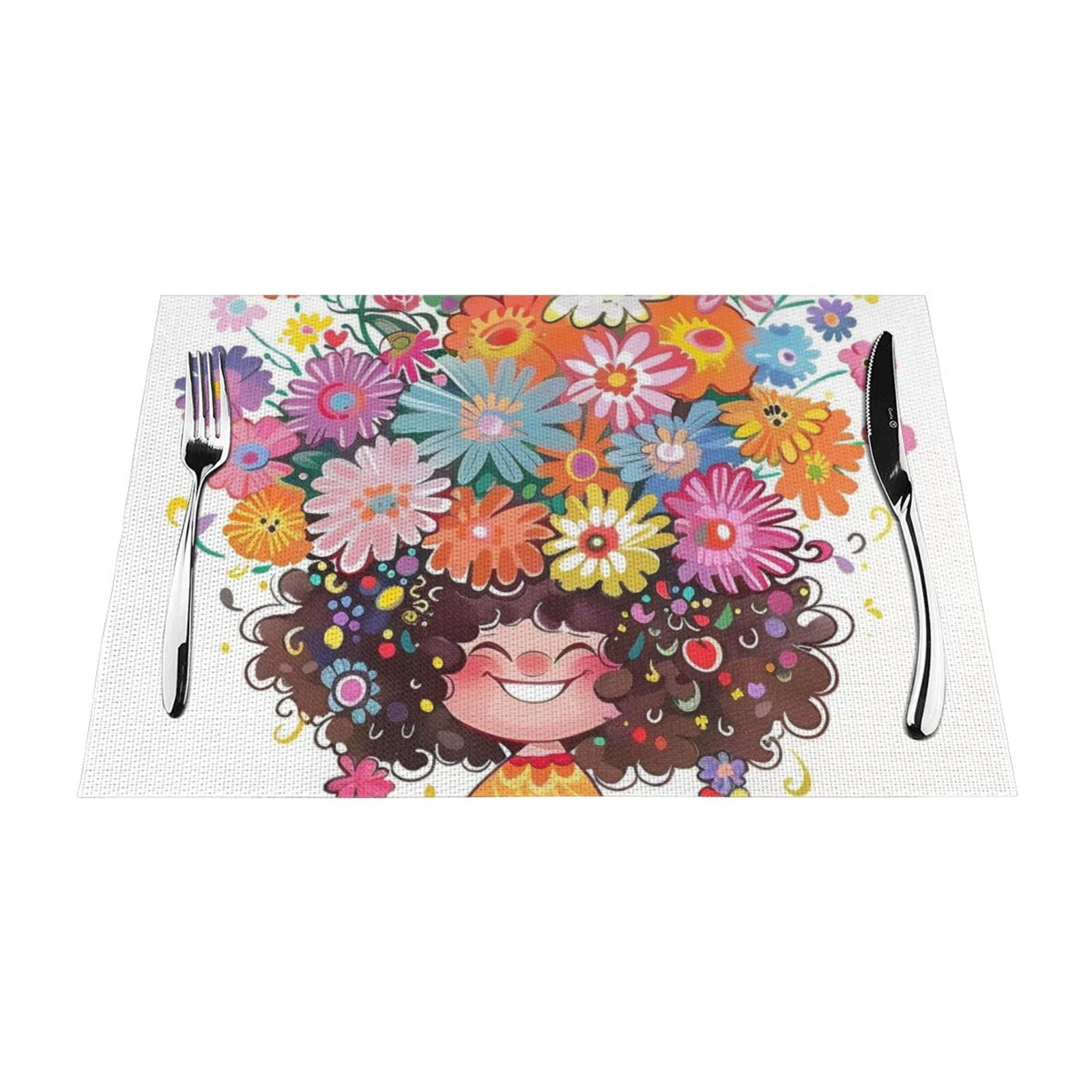 Cartoon Girl with Flower Table mat can be wiped, dinner mat set, felt ...