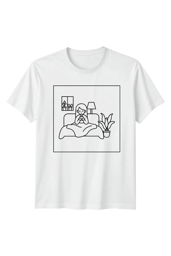Cartoon Girl In Bed Hobbies Mens T-Shirt Womens Tee Graphic Unisex Top