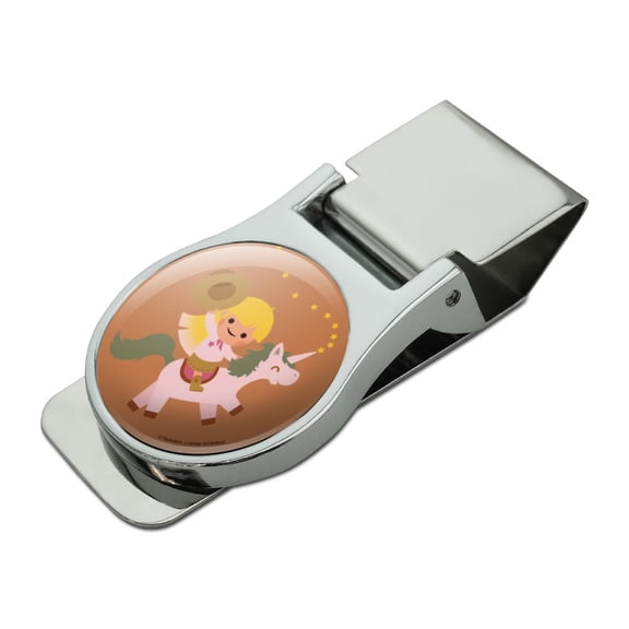 Cartoon Girl Riding Magical Horned Pink Unicorn Satin Chrome Plated Metal Money Clip