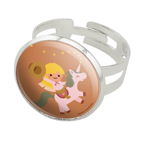 Cartoon Girl Riding Magical Horned Pink Unicorn Silver Plated Adjustable Novelty Ring