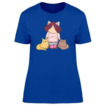 Cartoon Girl With Cats T-Shirt Women -Image by Shutterstock, Female Large