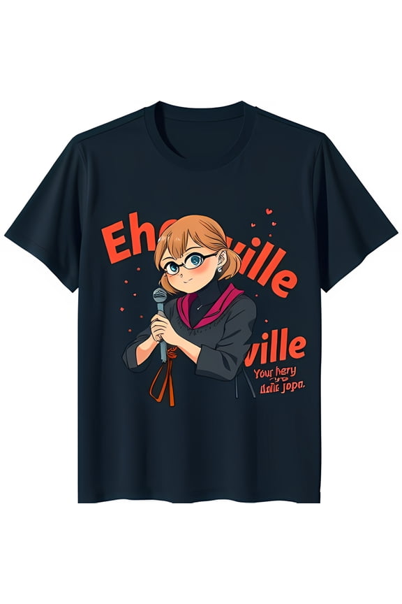 Cartoon Girl with Glasses & Graphic Tee Blue 'Ehville' T-Shirt with Hearts