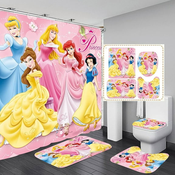 Cartoon Girls Princess Bathroom 4 Pieces Set Shower Curtain, Toilet Lid Cover and Bath Mat, Non-Slip Rugs, Durable and Waterproof, for Bathroom Decor Set, 72" x 72"